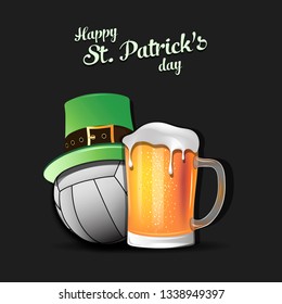 Happy St. Patricks day. Volleyball ball with St. Patrick hat and mug of beer. Pattern for banner, poster, greeting card, party invitation. Vector illustration