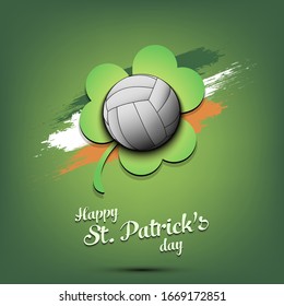 Happy St. Patrick's day. Volleyball ball and clover against the background of the Irish flag. Pattern for banner, poster, greeting card, party invitation. Vector illustration