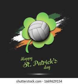 Happy St. Patrick's day. Volleyball ball and clover against the background of the Irish flag. Pattern for banner, poster, greeting card, party invitation. Vector illustration