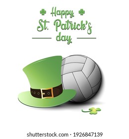 Happy St. Patricks day. Volleyball ball and leprechaun hat on an isolated background. Pattern for greeting card, logo, banner, poster, party invitation. Vector illustration