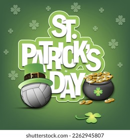 Happy St. Patrick's day. Volleyball ball in leprechaun hat, pot with gold coins and clover. Pattern design for logo, banner, poster, greeting card. Vector illustration on isolated background
