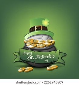 Happy St. Patrick's day. Volleyball ball in leprechaun hat in pot with gold coins. Pattern design for logo, banner, poster, greeting card, party invitation. Vector illustration on isolated background
