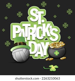 Happy St. Patrick's day. Volleyball ball in leprechaun hat, pot with gold coins and clover. Pattern design for logo, banner, poster, greeting card. Vector illustration on isolated background
