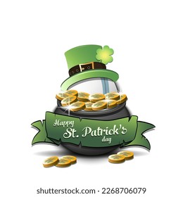 Happy St. Patrick's day. Volleyball ball in leprechaun hat in pot with gold coins. Pattern design for logo, banner, poster, greeting card, party invitation. Vector illustration on isolated background