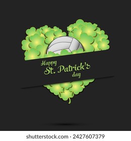 Happy St. Patricks day. Volleyball ball on background heart made of clovers and shamrock. Pattern design for logo, banner, poster, greeting card. Vector illustration on isolated background