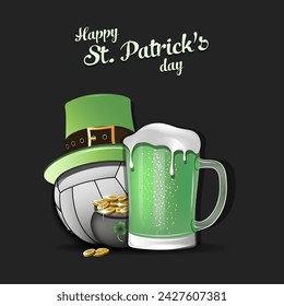 Happy St. Patricks day. Volleyball ball with St. Patrick hat, mug of beer and pot with gold. Pattern design for logo, banner, poster, greeting card. Vector illustration on isolated background