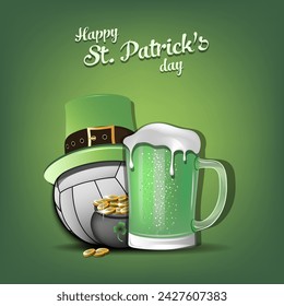 Happy St. Patricks day. Volleyball ball with St. Patrick hat, mug of beer and pot with gold. Pattern design for logo, banner, poster, greeting card. Vector illustration on isolated background