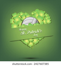 Happy St. Patricks day. Volleyball ball on background heart made of clovers and shamrock. Pattern design for logo, banner, poster, greeting card. Vector illustration on isolated background