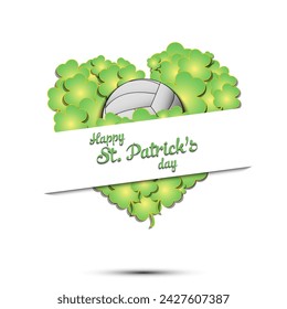 Happy St. Patricks day. Volleyball ball on background heart made of clovers and shamrock. Pattern design for logo, banner, poster, greeting card. Vector illustration on isolated background