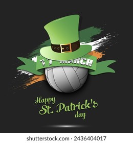 Happy St. Patricks day. Volleyball ball in leprechaun hat the background of the Irish flag. Pattern for greeting card, logo, banner, poster, invitation. Vector illustration on isolated background