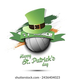 Happy St. Patricks day. Volleyball ball in leprechaun hat the background of the Irish flag. Pattern for greeting card, logo, banner, poster, invitation. Vector illustration on isolated background