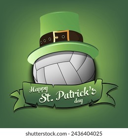 Happy St. Patricks day. Volleyball ball in leprechaun hat with banner. Pattern for greeting card, logo, banner, poster, party invitation. Vector illustration on isolated background