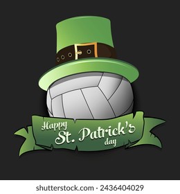 Happy St. Patricks day. Volleyball ball in leprechaun hat with banner. Pattern for greeting card, logo, banner, poster, party invitation. Vector illustration on isolated background