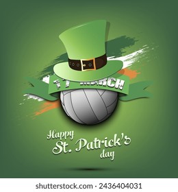 Happy St. Patricks day. Volleyball ball in leprechaun hat the background of the Irish flag. Pattern for greeting card, logo, banner, poster, invitation. Vector illustration on isolated background