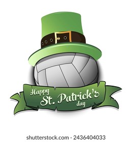 Happy St. Patricks day. Volleyball ball in leprechaun hat with banner. Pattern for greeting card, logo, banner, poster, party invitation. Vector illustration on isolated background