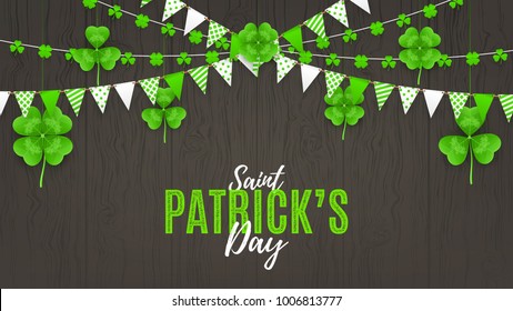 Happy St. Patrick's Day Web Banner. Festive Decoration with Color Garlands and Clover Leaves. Vector Illustration.