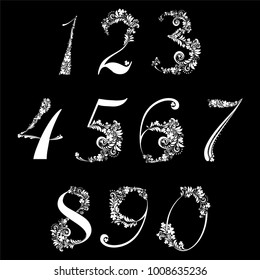 Happy St. Patrick's day. White Floral numbers set isolated on black background. Vector illustration