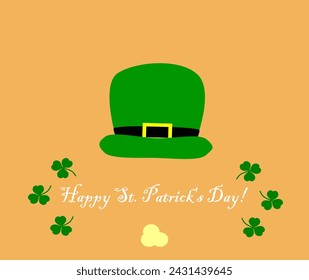 Feliz Día de San Patricio tarjeta de deseos con sombrero verde y hojas de trébol en estilo de dibujos animados.