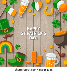 Happy St. Patrick's Day Wooden Background with Irish Flat Icons. Vector illustration. 