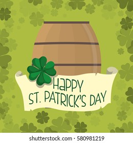 happy st patricks day wooden barrel beer clover background vector illustration eps 10