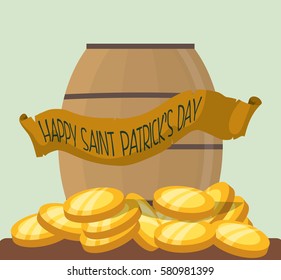 happy st patricks day wooden barrel gold coins vector illustration eps 10