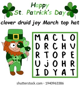 Happy St. Patrick's Day word search puzzle for children stock vector illustration. Funny educational word game in English. Cartoon irish folklore character with four leaf clover activity page for kids