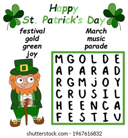 Happy St Patrick's Day word search puzzle for kids stock vector illustration. Cartoon hand-drawn colorful educational activity page for children with a leprechaun. Find and mark all hidden words