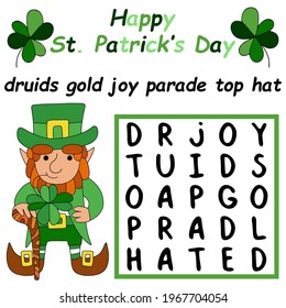 Happy St Patrick's Day word search puzzle stock vector illustration. Find and mark all hidden words into the puzzle. Simple funny educational game in English printable activity page for children