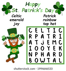 Happy St Patrick's day word search puzzle for kids vector illustration. Educational word game in English for Patrick day. Help Patrick to find all six hidden words into the puzzle and mark them