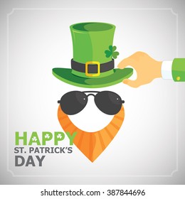 Happy St. Patricks Day - Yellow Bearded Man Leprechaun with Black Sunglasses Holding Hat in His Hand. Vector Element Graphic Design Illustration for Greeting Cards, Posters, Social Media or Brochures.