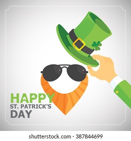 Happy St. Patricks Day - Yellow Bearded Man with Black Sunglasses Holding Hat (Shamrock) in His Hand. Vector Element Graphic Design Illustration for Greeting Cards, Posters, Social Media or Brochures.