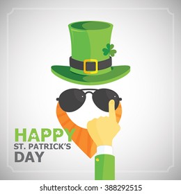 Happy St. Patricks Day - Yellow Bearded Man with Black Sunglasses Holding Hat in His Hand. Vector Element Graphic Design Illustration for Greeting Cards, Posters, Social Media or Brochures.