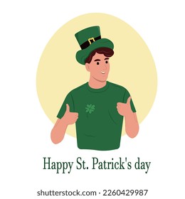 Happy St. Patrick's day. Young smiling Irish man celebrating and gesturing. Vector flat illustration isolated on white.