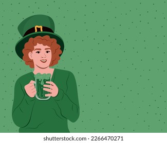 Happy St. Patrick's Day. Young happy Irish woman celebrating St. Patrick's Day and holding a mug of beer in her hands. Vector flat illustration isolated on white.