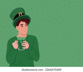 Happy St. Patrick's Day. Young happy Irish man celebrating St. Patrick's day and holding a mug of beer. Vector flat illustration isolated on white.