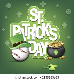Happy St. Patrick's day.Baseball ball in leprechaun hat, pot with gold coins and clover. Pattern design for logo, banner, poster, greeting card. Vector illustration on isolated background