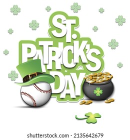 Happy St. Patrick's day.Baseball ball in leprechaun hat, pot with gold coins and clover. Pattern design for logo, banner, poster, greeting card. Vector illustration on isolated background