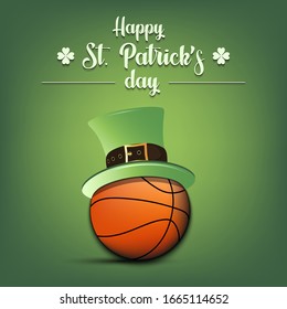 Happy St. Patrick's day.Basketball ball in leprechaun hat on an isolated background. Pattern for banner, poster, greeting card, party invitation. Vector illustration