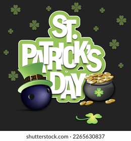 Happy St. Patrick's day.Bowling ball in leprechaun hat, pot with gold coins and clover. Pattern design for logo, banner, poster, greeting card. Vector illustration on isolated background