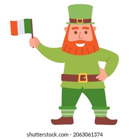 Happy St Patrick's Day.Leprechaun holding irish flag.Leprechaun in green costumes and hat cartoon characters. Ireland traditional holiday symbol to the pub.