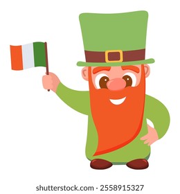 Happy St Patrick's Day.Leprechaun holding irish flag.Leprechaun in green costumes and hat cartoon characters. Ireland traditional holiday symbol to the pub.