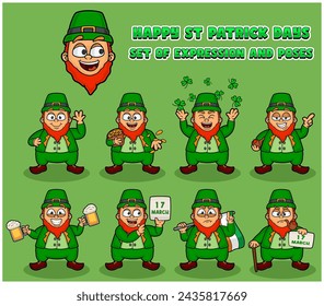 Happy St Patrick's Days With set of expression poses people character cartoon. Vector Illustrations