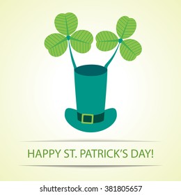 Happy St. Patrick's hat with two horn clovers. Vector St. Patricks green symbols: hat and shamrock. 