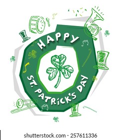 Happy St. Patrick's Logo Theme. Day Editable Clip Art. Isolated on white design Concept with outline art of objects used in the annual parade such as musical instruments and green hats.