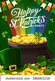 Happy St. Patricks party poster with leprechaun golden coins, green top hat and shamrock clover, shoes and rainbow. Irish Saint Patricks day holiday traditional festival, celtic party invitation