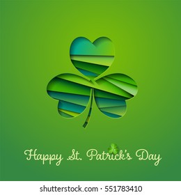 Happy St. Patricks's Day greeting card with abstract shamrock in cut out style, eps10 vector