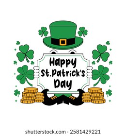 HAPPY ST. PATRICS DAY banner With clover and hat isolated white background