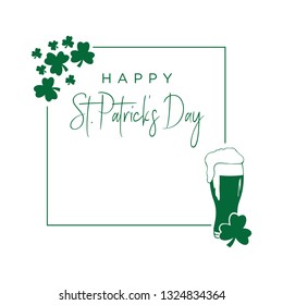 Happy St. Patric's Day, greeting with green clovers and glass of beer illustration