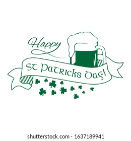 Happy St. Patric's Day, greeting with green clovers and glass of beer