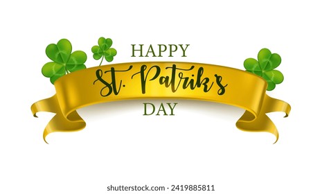 Happy St Patriks day banner element with ribbon and shamrock leaf.